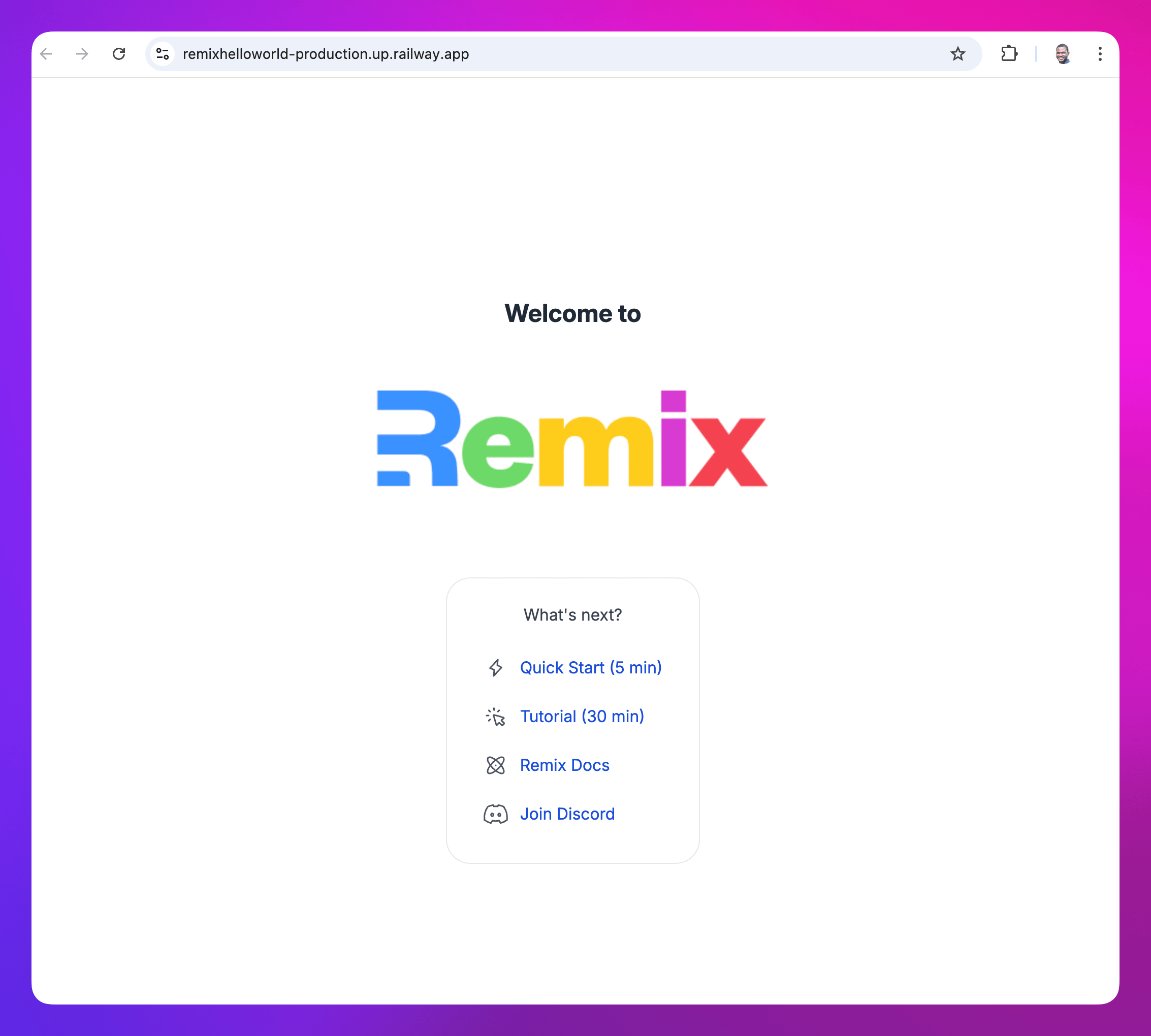 screenshot of the deployed Remix service