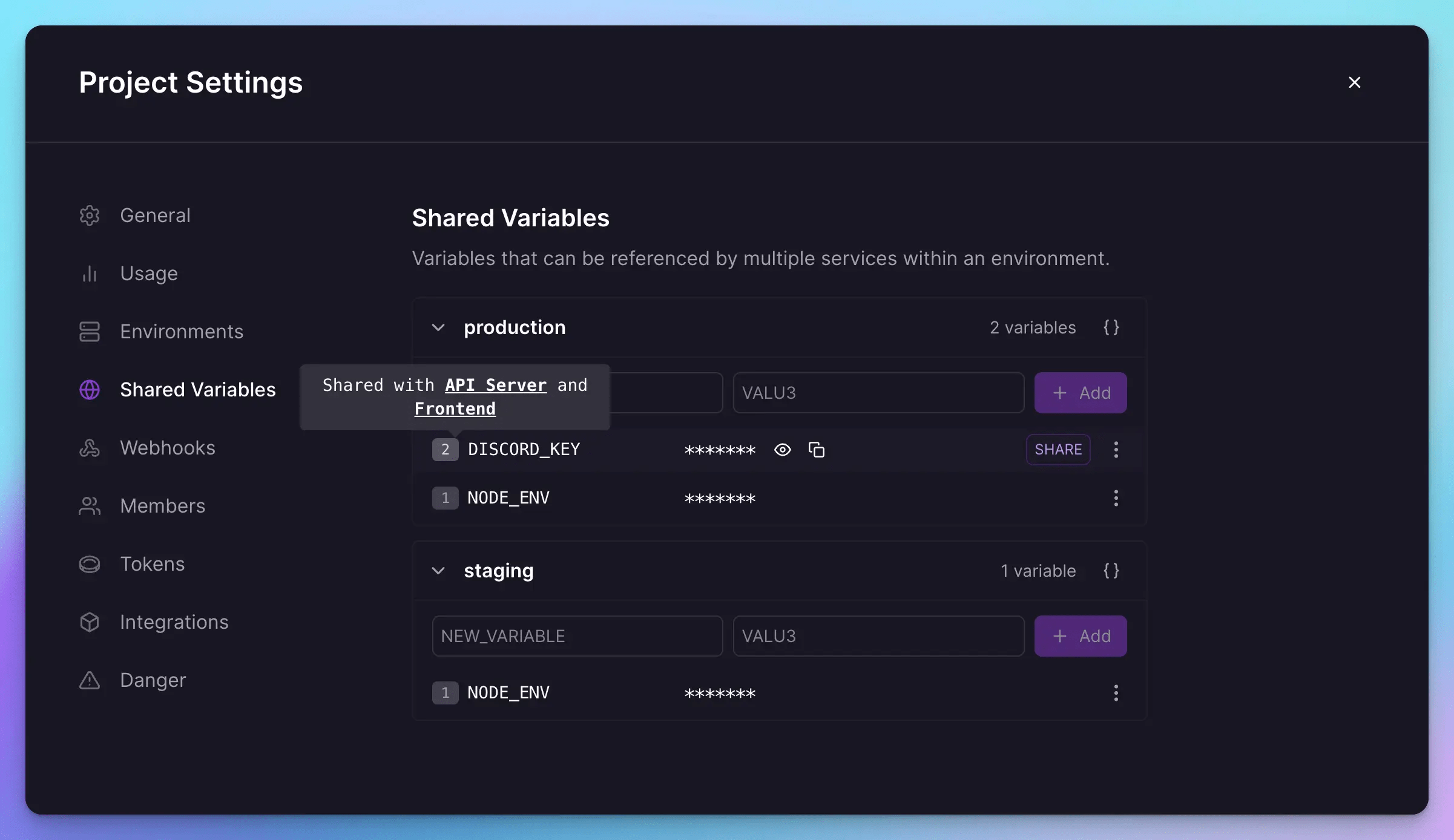 Screenshot of Shared Variables Settings