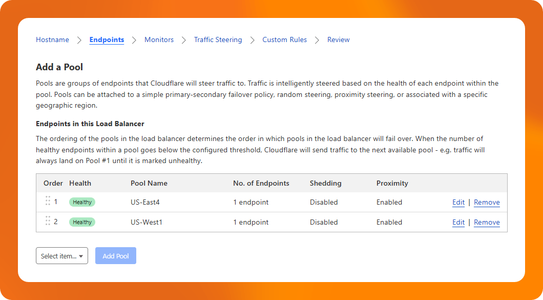 screenshot of selected pools in the load balancer creator