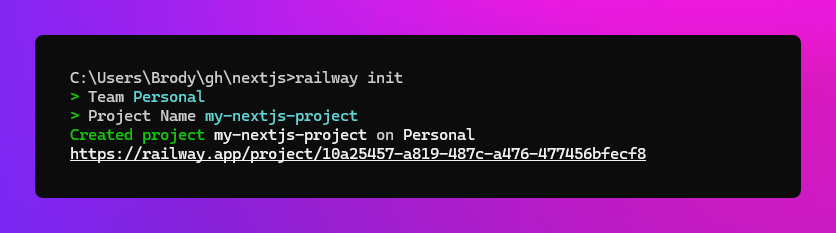 screenshot of the command line after railway init was run