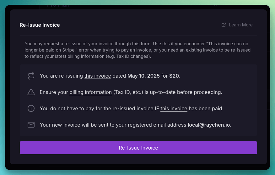 Screenshot of invoice re-issuance