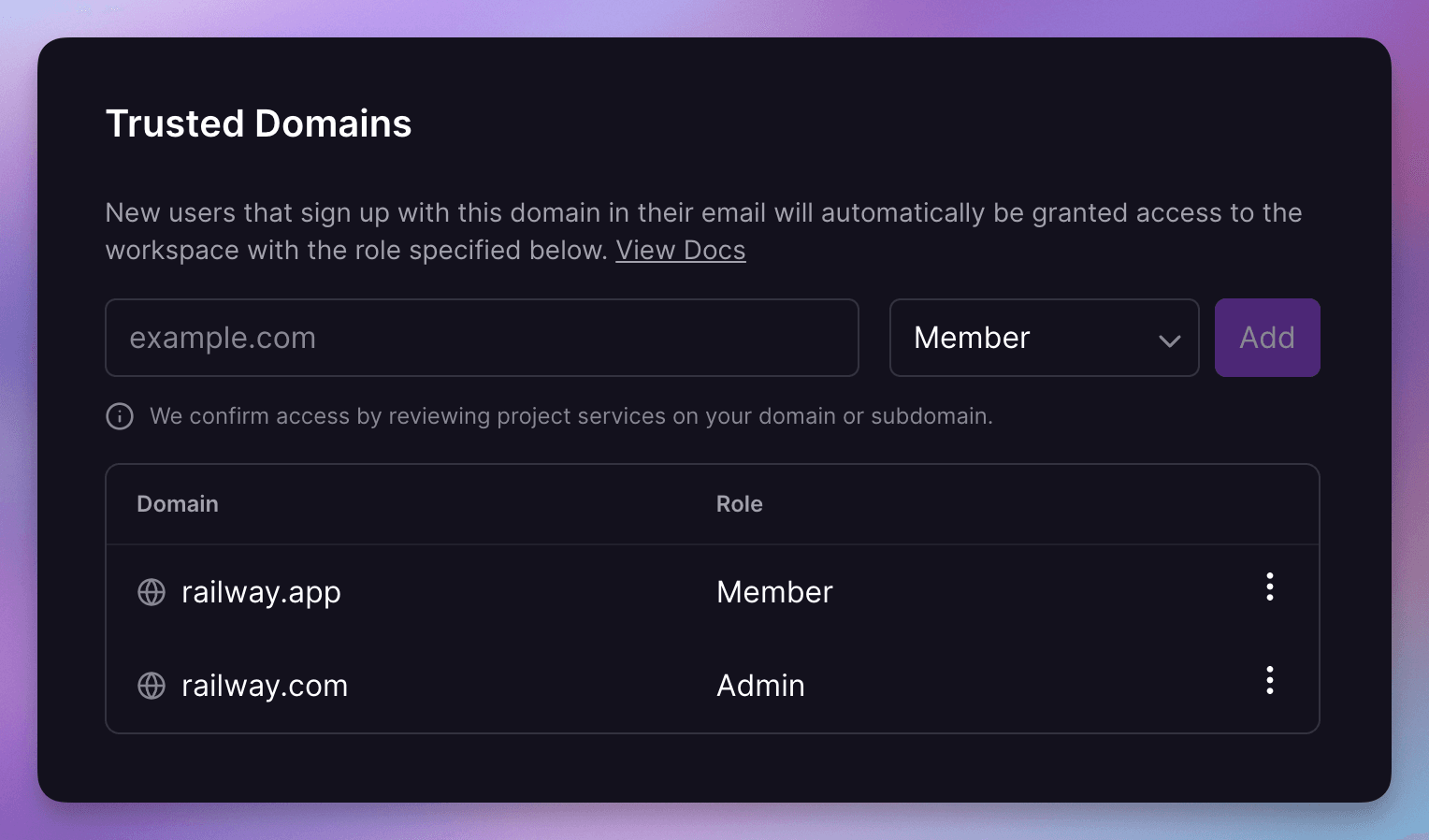 Trusted domains are configurable via the workspace settings