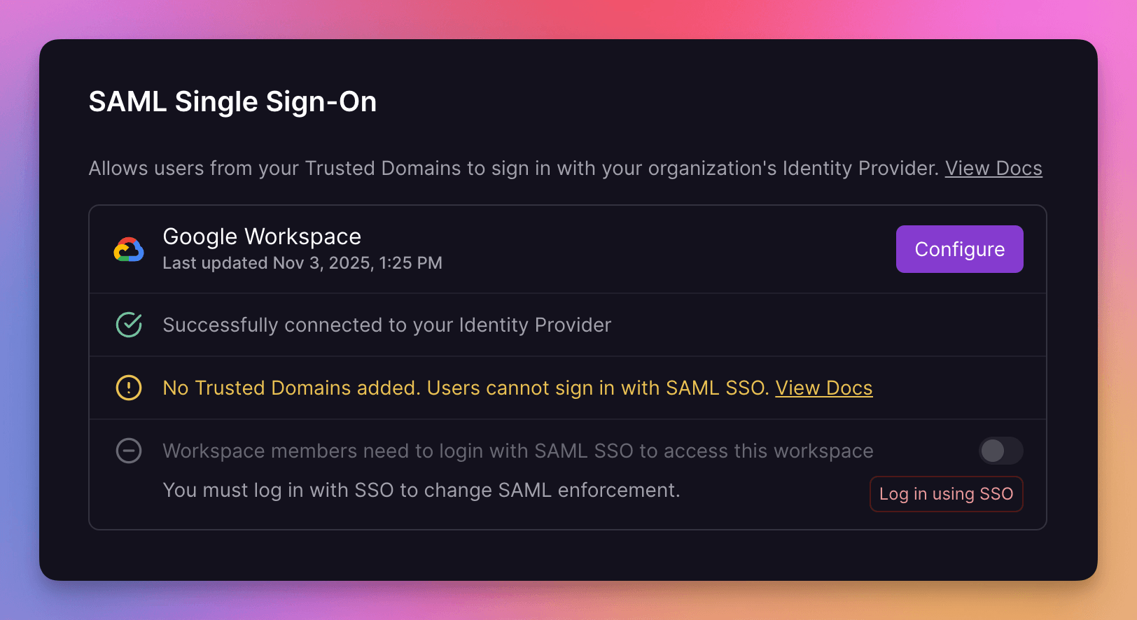 Screenshot of enforcing SAML SSO in a workspace