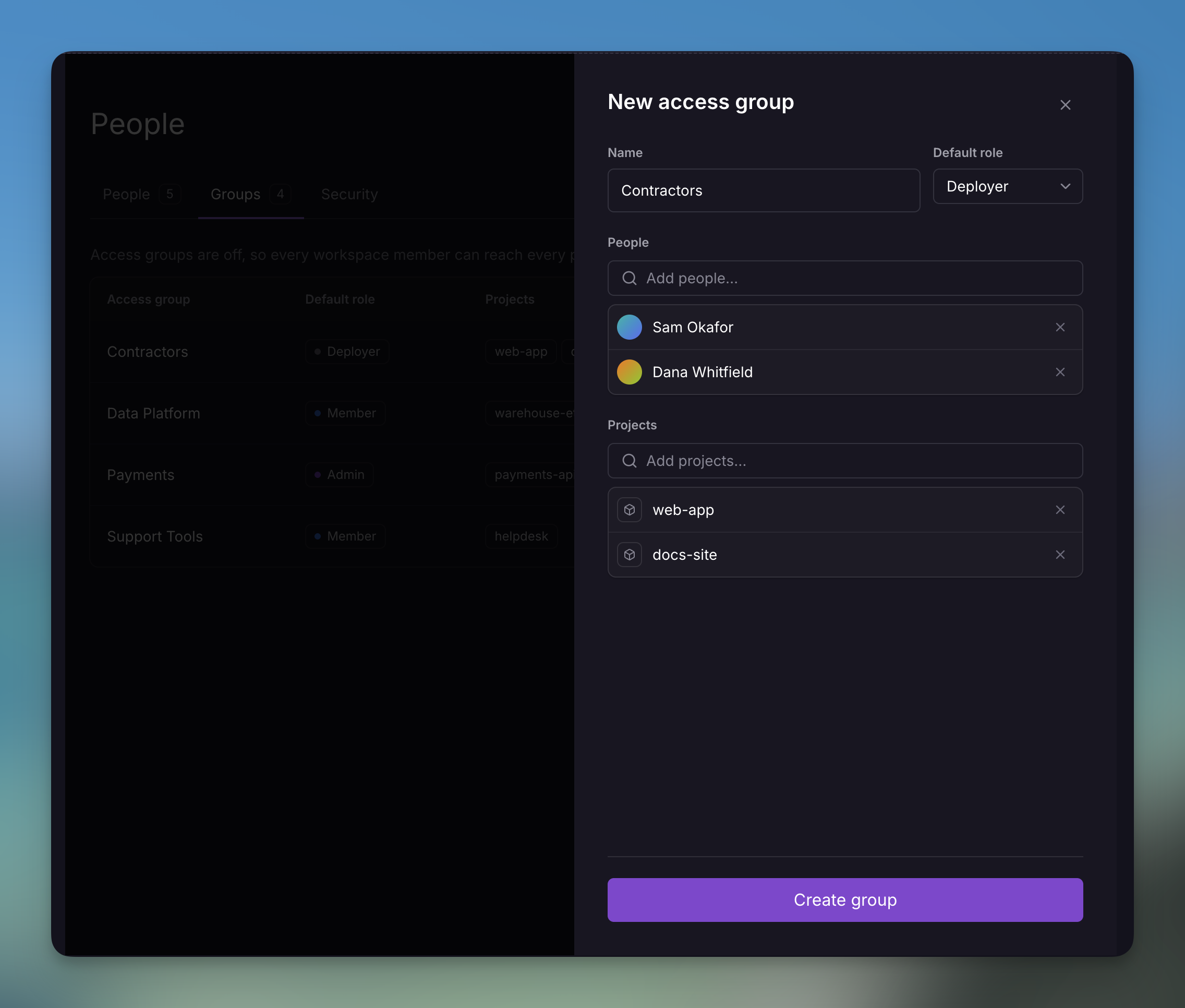 New access group drawer with a name, default role, people, and projects selected