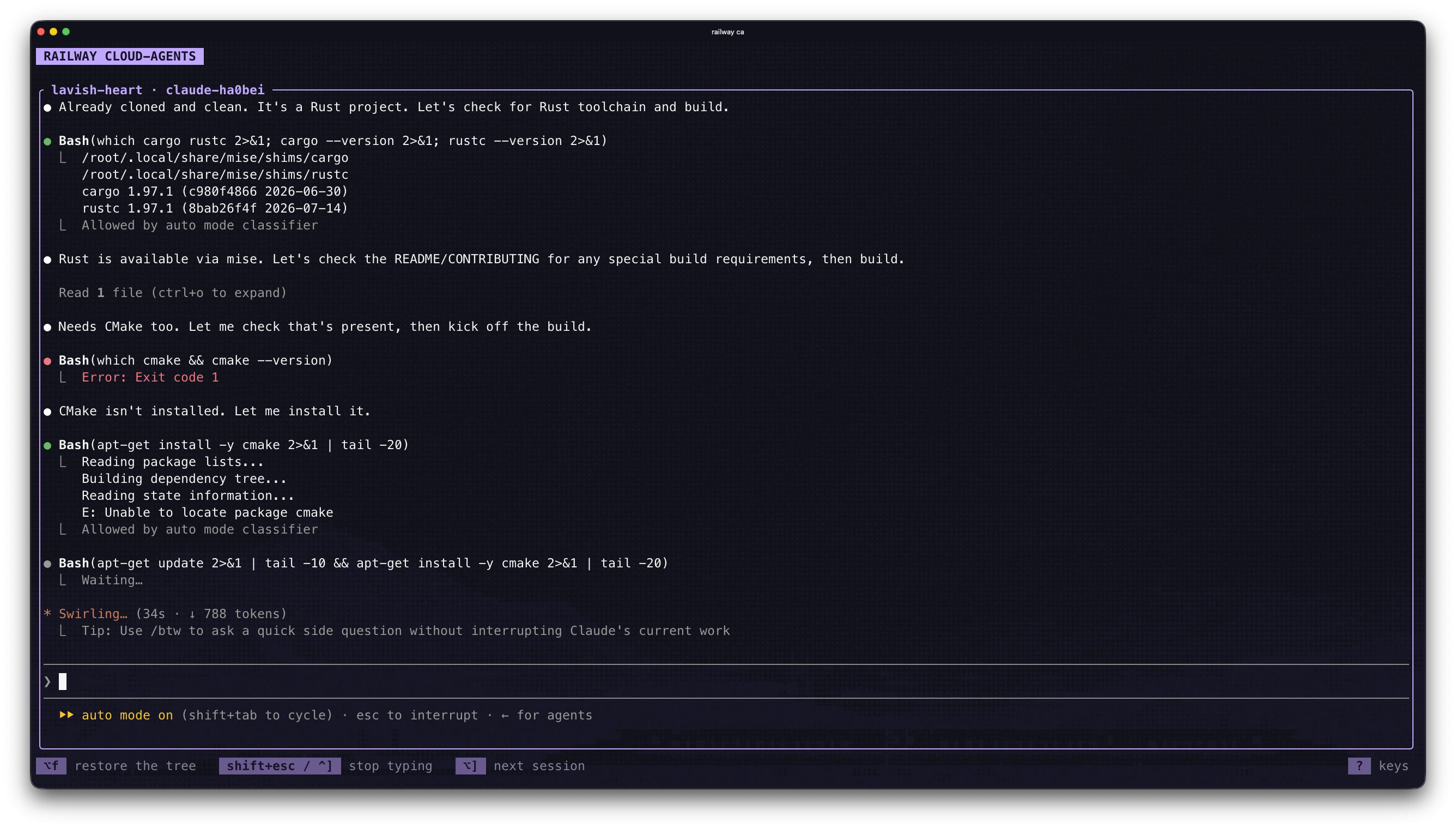 A full screen Claude Code session in railway ca, with keys to restore the tree, stop typing, and switch sessions