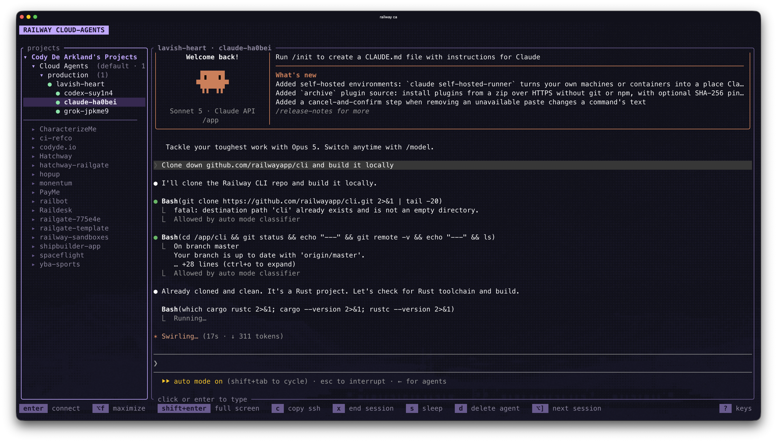 The railway ca manage view with a project tree on the left and a connected Claude Code session running a task on the right
