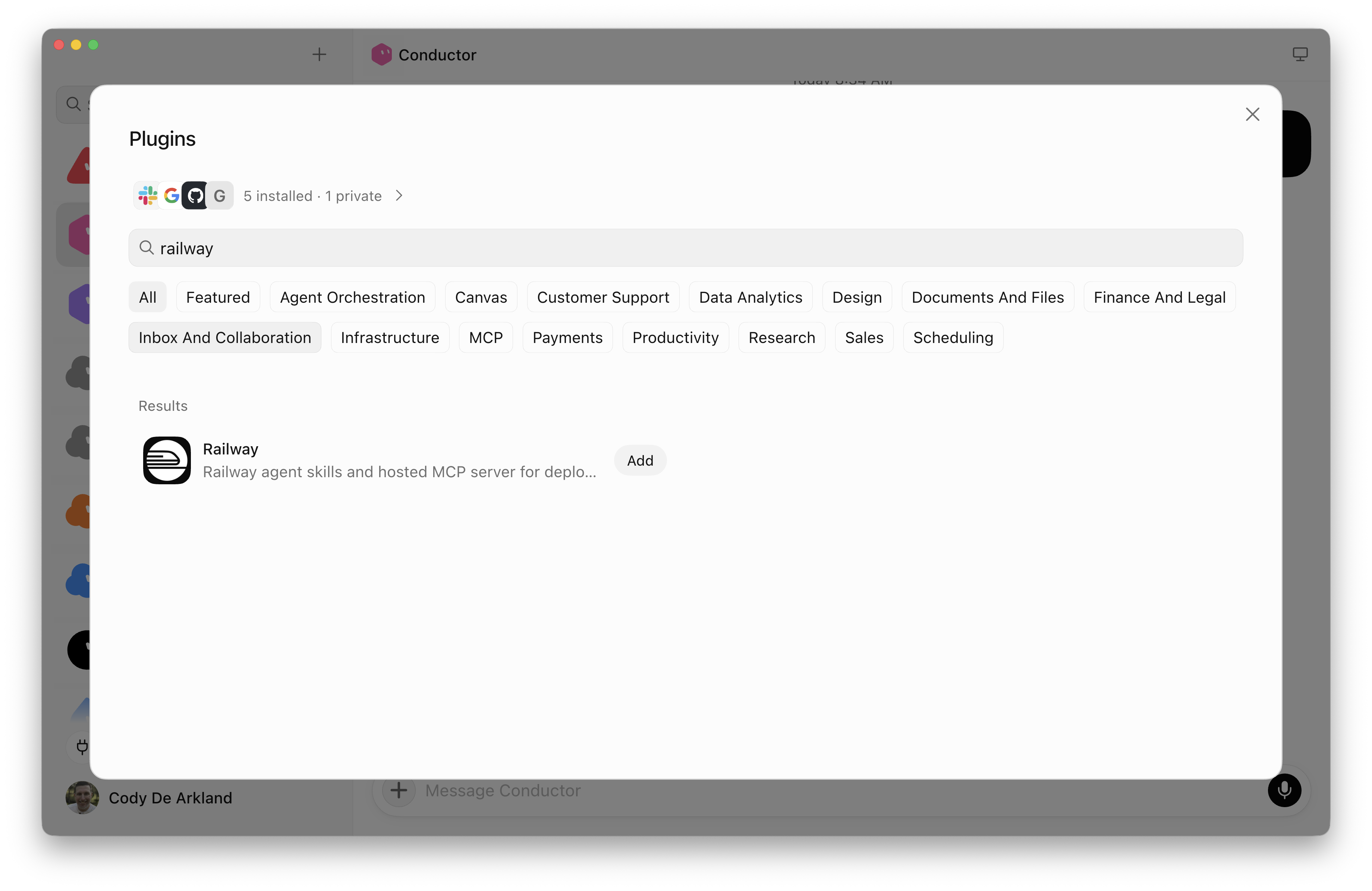 The Grok Bot plugins UI with railway entered in the search field and the Railway plugin shown in the results with an Add button