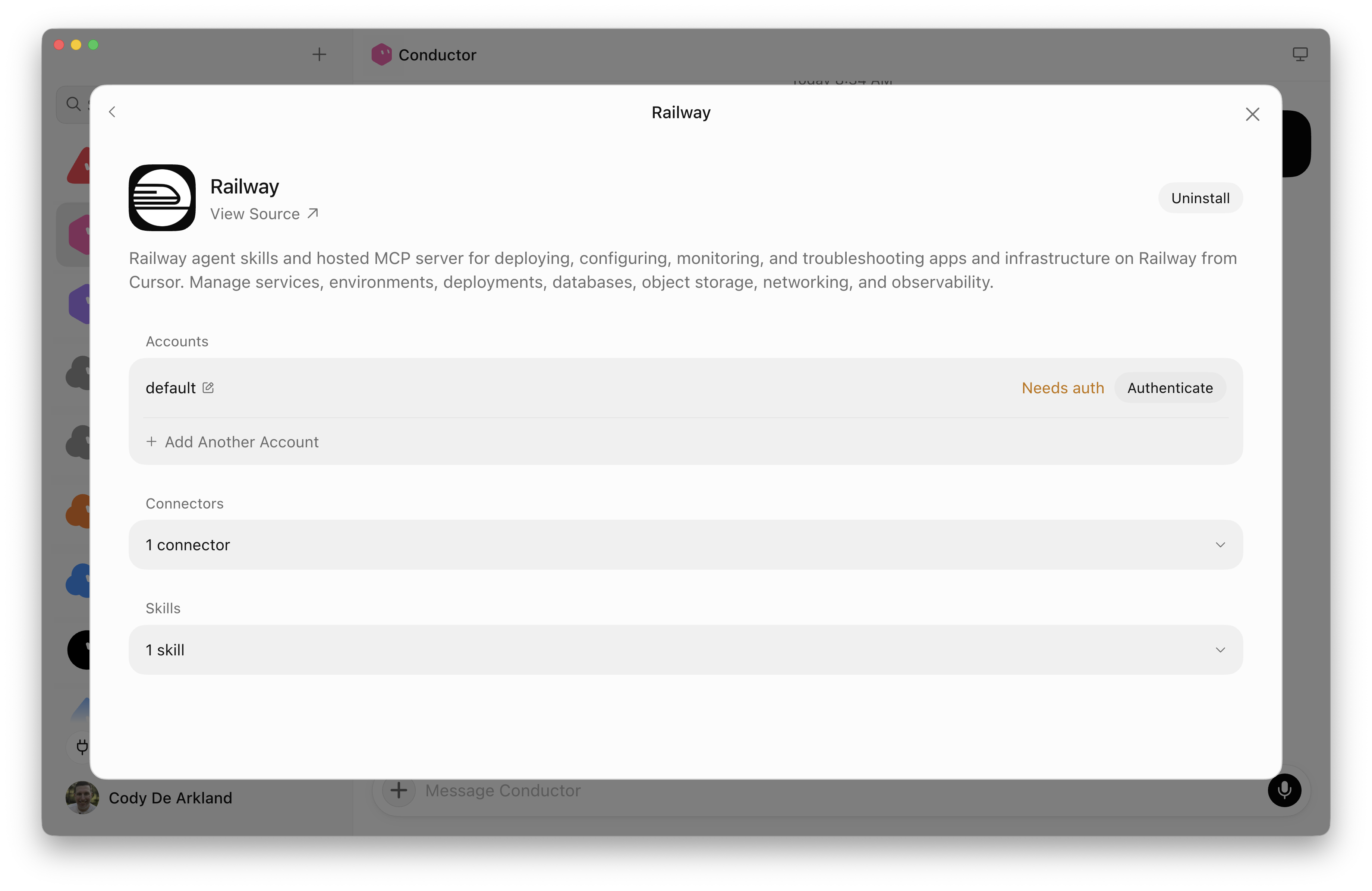 The Railway plugin page in Grok Bot showing a default account marked Needs auth with an Authenticate button