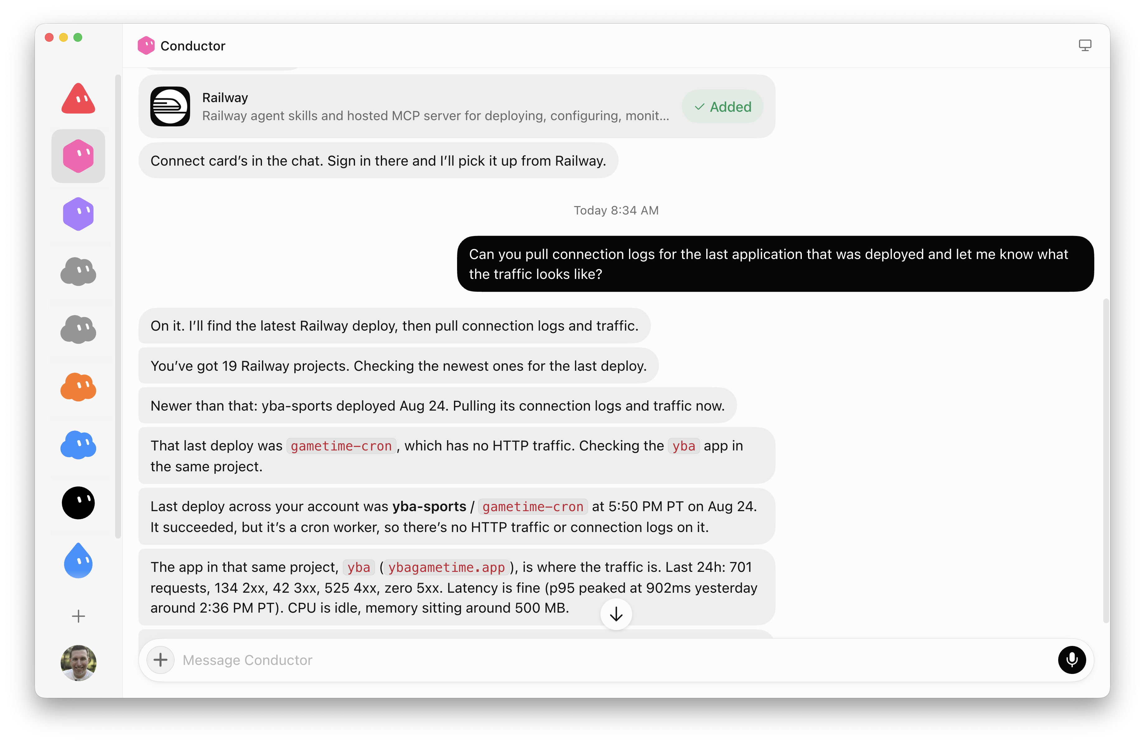 A Grok Bot conversation where the bot pulls connection logs for the most recent Railway deployment and summarizes request counts, status codes, latency, and resource usage
