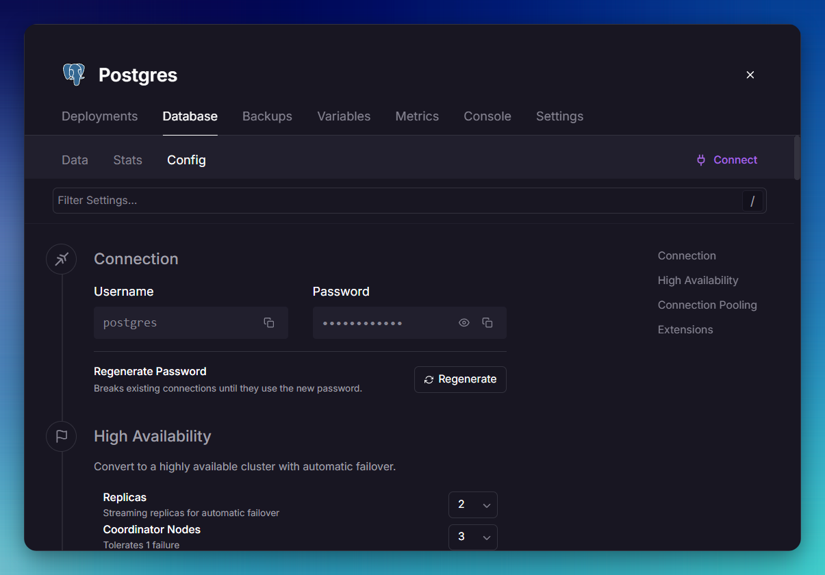 Screenshot of the Connection section in the database Config tab