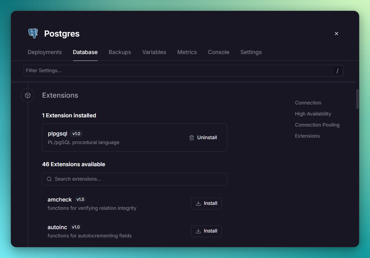 Screenshot of the Extensions section in the database Config tab